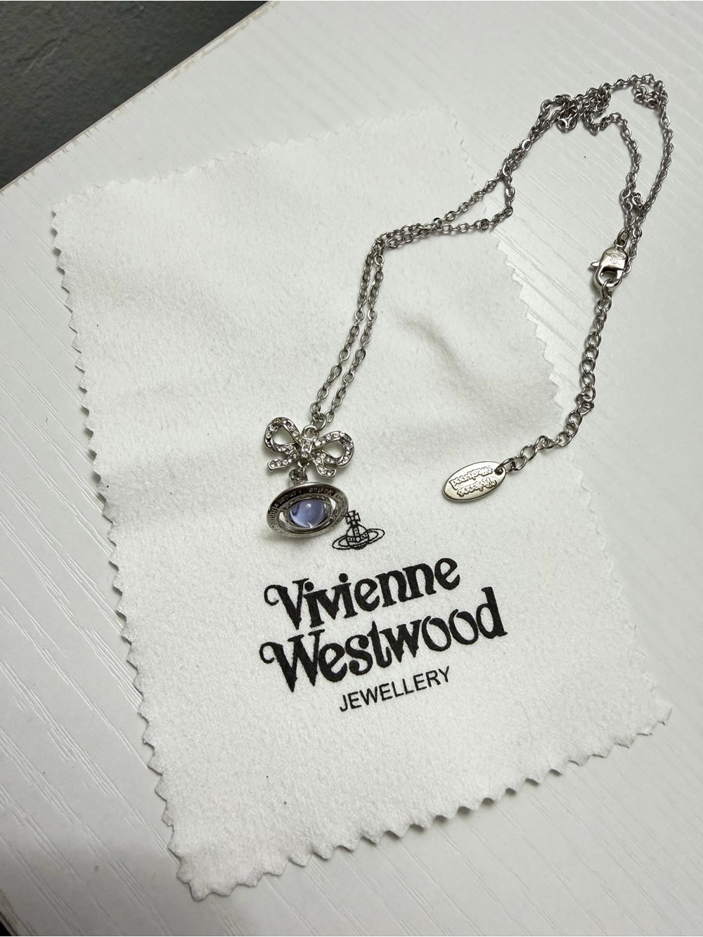 Vivienne Westwood Silver Orb Necklace with Lavender Stone and Crystal Bow